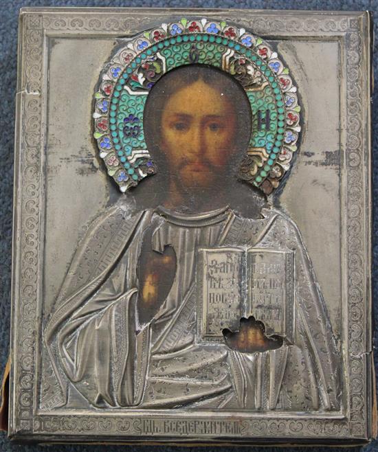 Russian School Icon depicting Christ Pantocrator, with enamelled silver oklad, 7 x 5.75in.